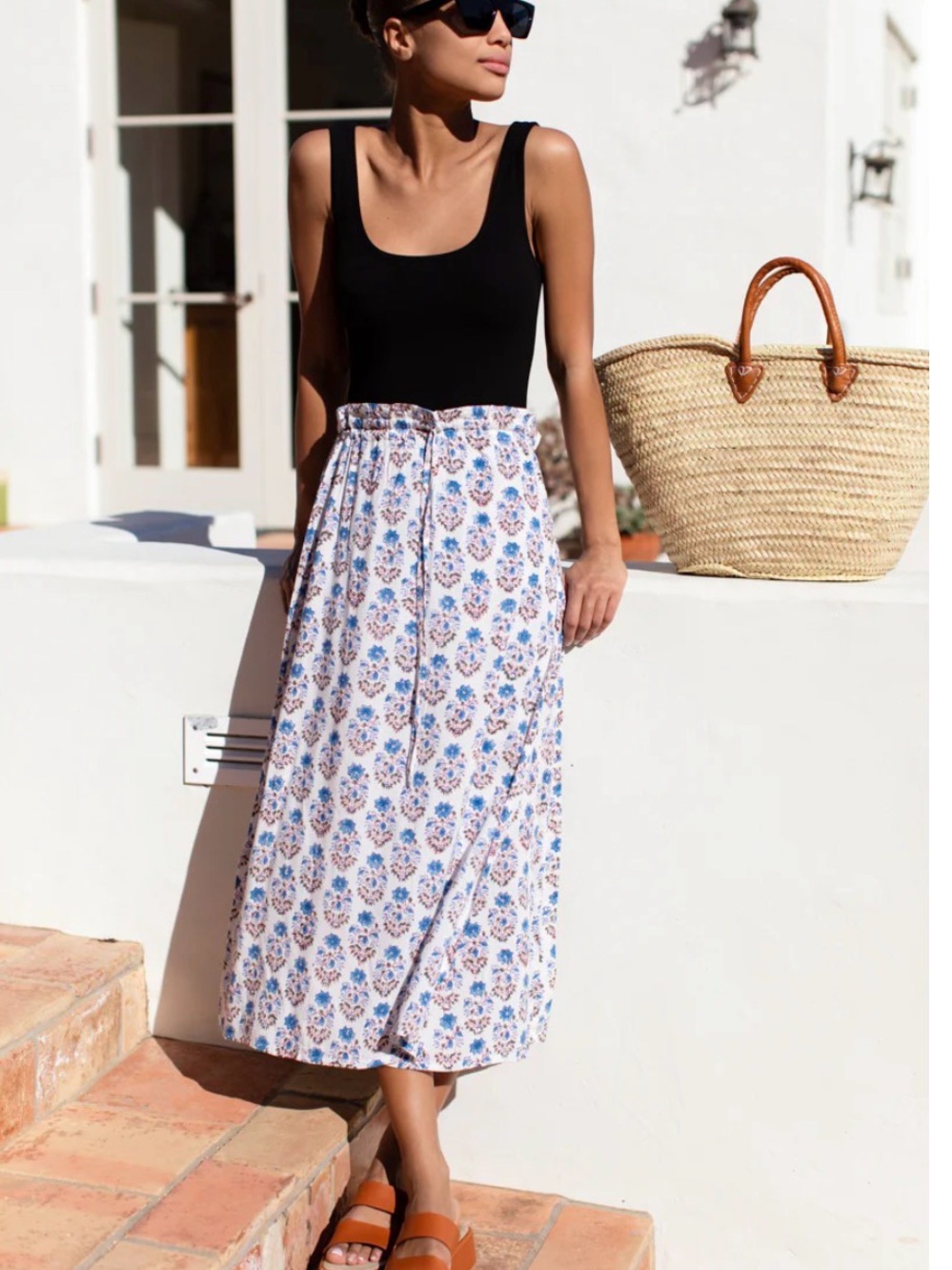 Emerson Fry Indienne Flowers Blue and White Floral Drawstring Maxi Skirt